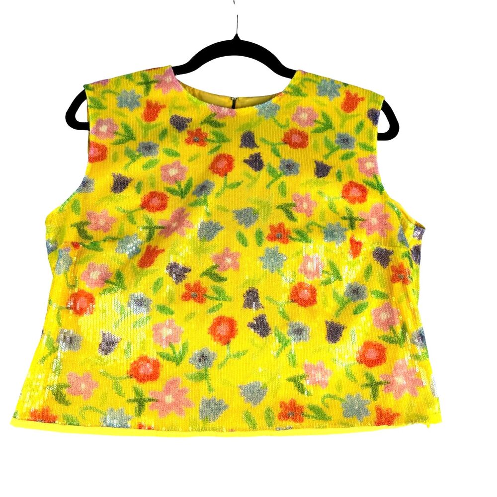 Bernadette Top Women's 42 Yellow Glitter Camisole Sequined Tulle Roxanne Cropped